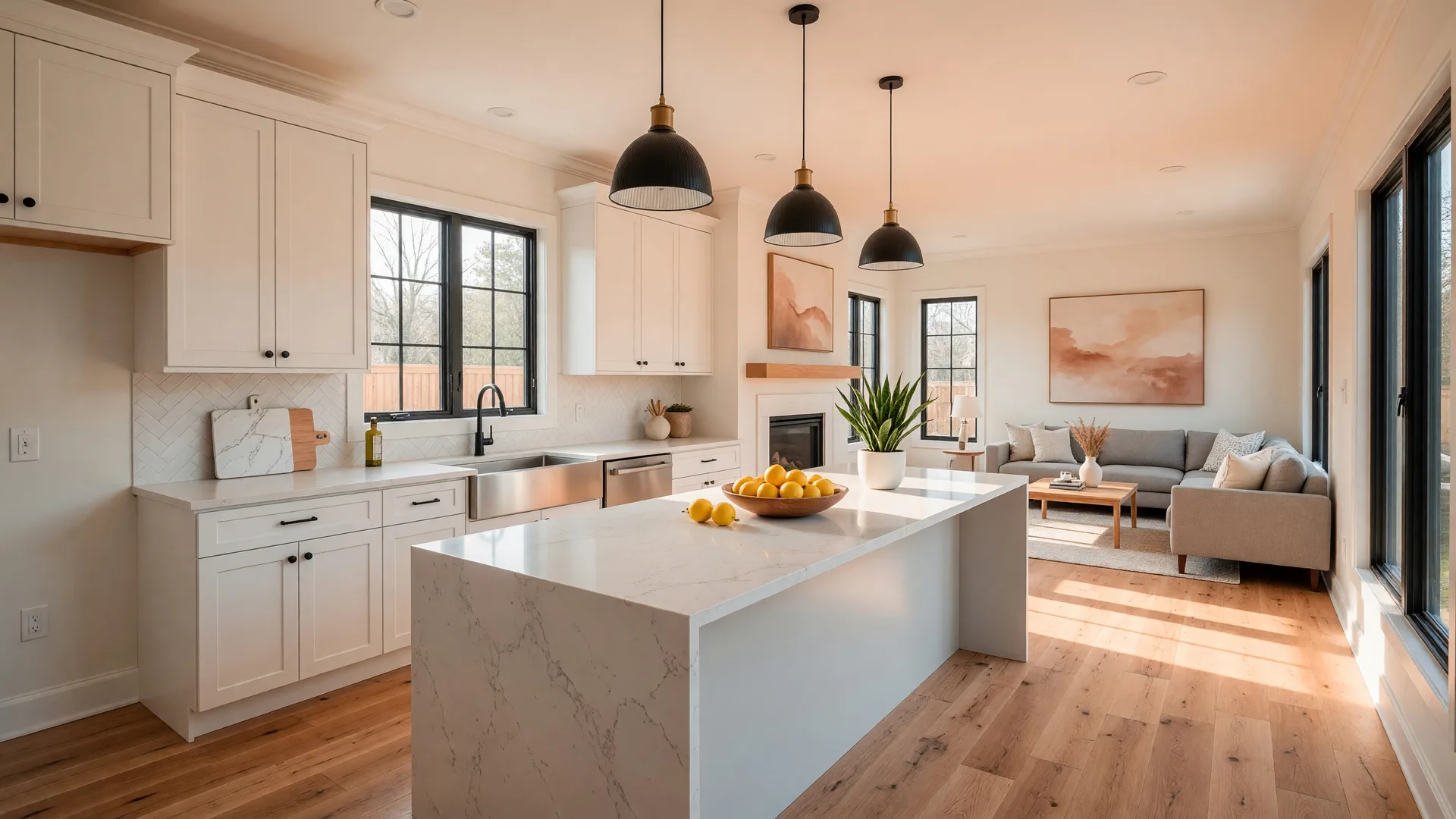 A bright, modern new construction home interior with an open-concept kitchen and living area, natural light streaming through large windows, and warm wood flooring in Northeast Texas