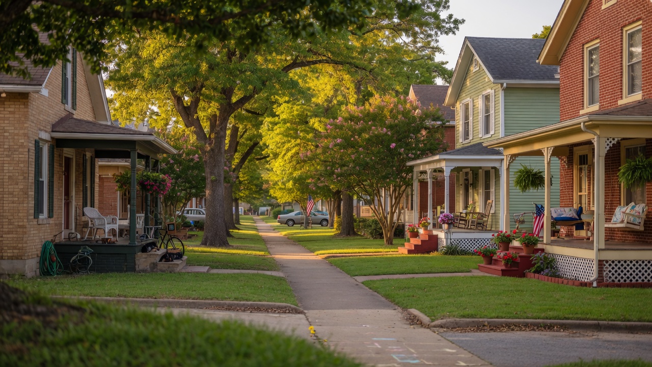 A welcoming residential street in a small Northeast Texas town with mature shade trees, well-maintained homes, and warm afternoon light