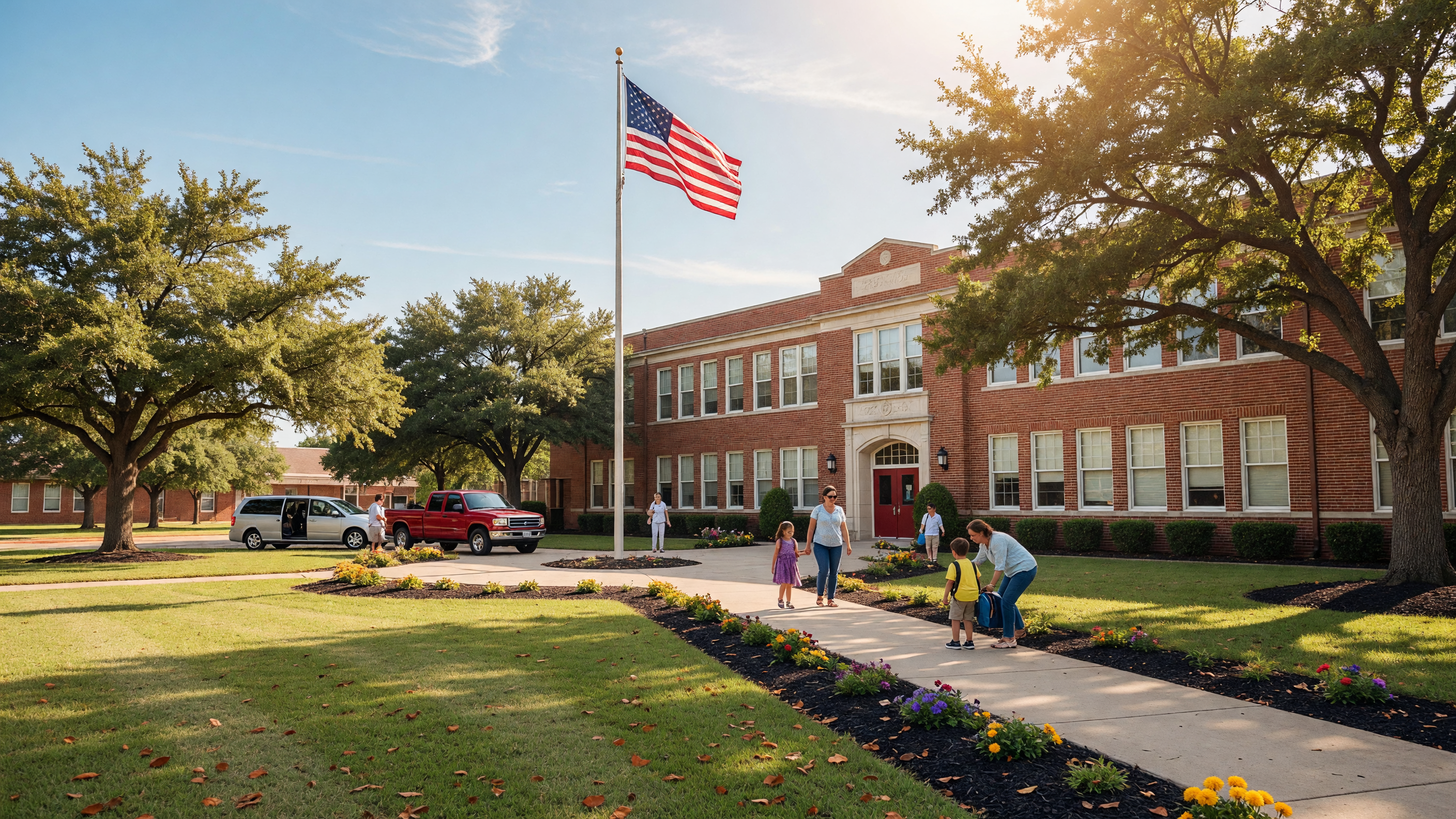 A welcoming school campus in a small Texas town with brick buildings, green lawns, and a flagpole under a bright sky