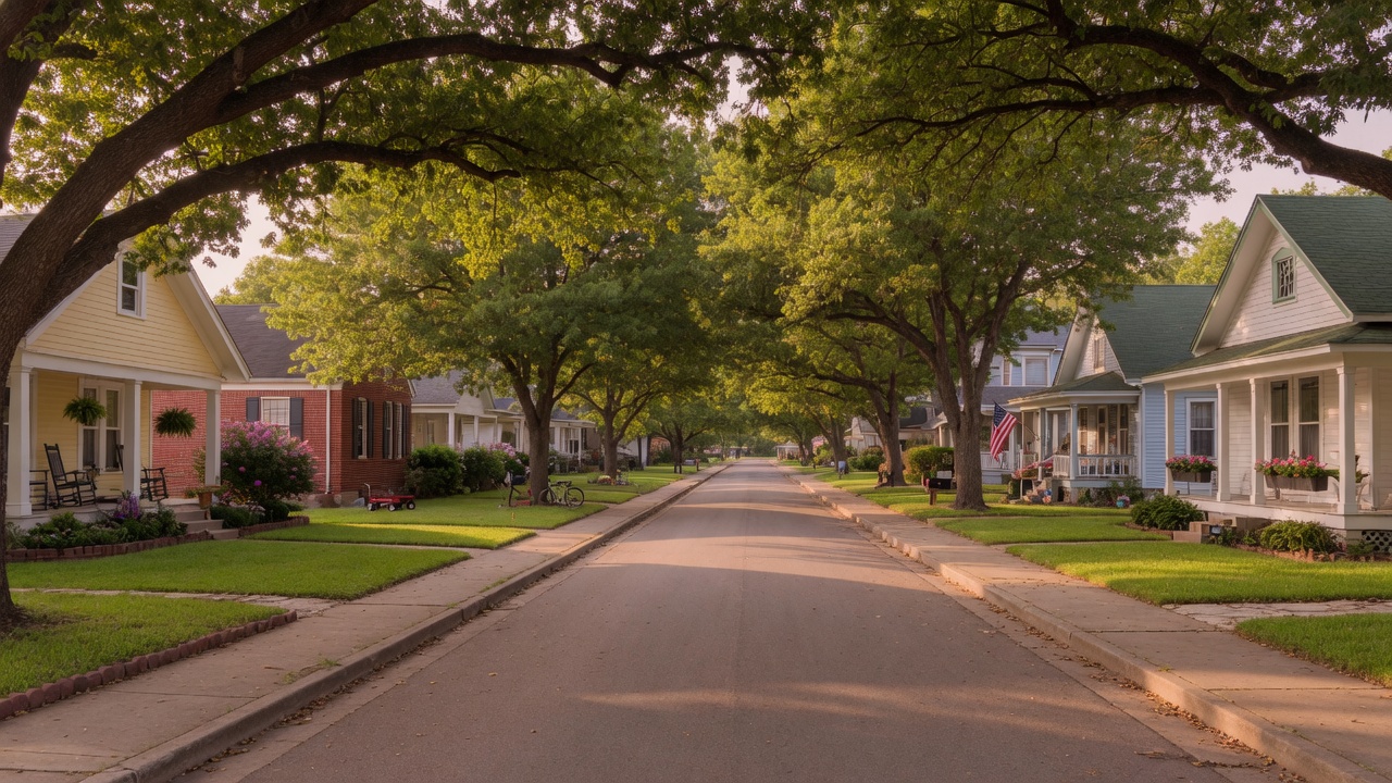 Tree-lined residential street with welcoming homes in Paris, Texas