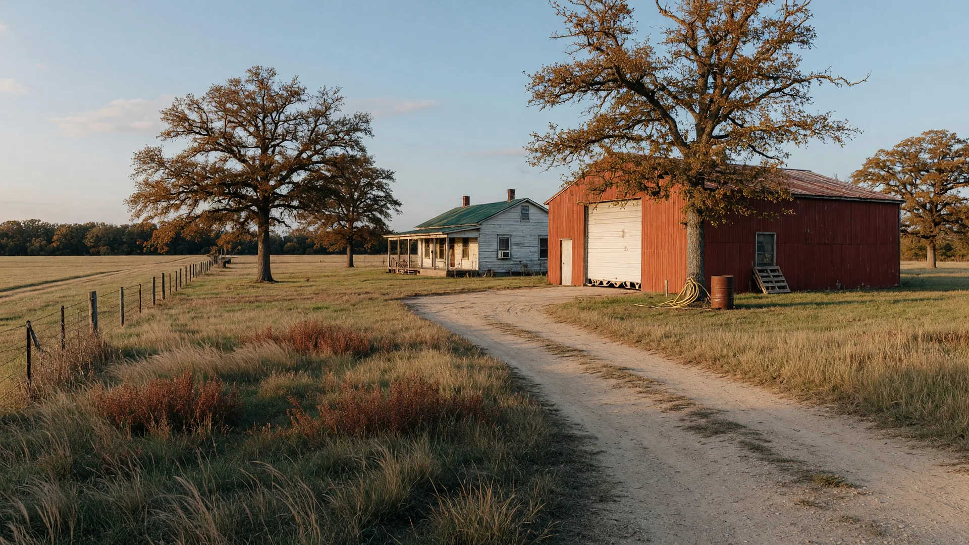 Rural Northeast Texas property with a large metal workshop and farmhouse on open acreage
