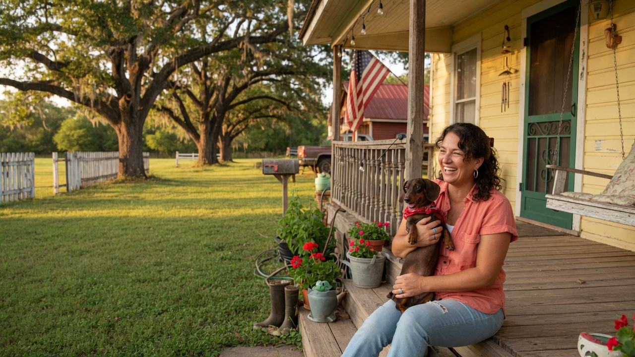 A woman holding a small dachshund on the porch of a charming rural Texas home with green lawn and oak trees in the background