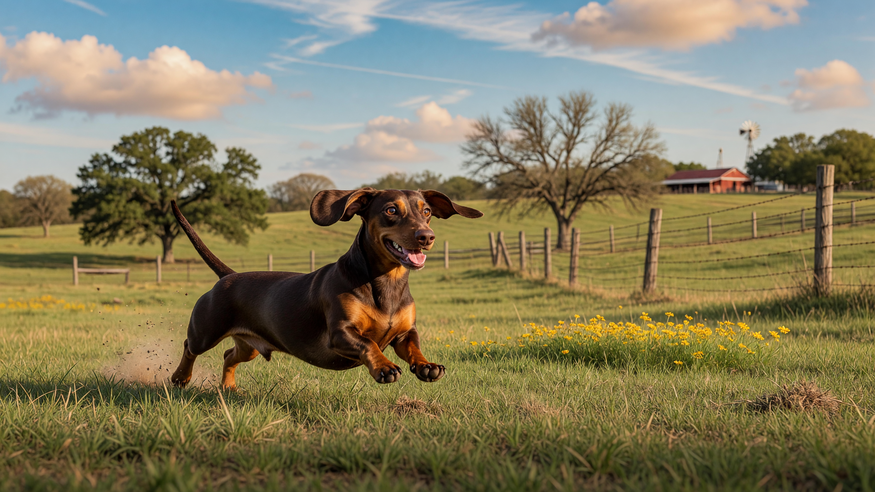 A dachshund running freely through a wide open grassy acreage property in rural Northeast Texas