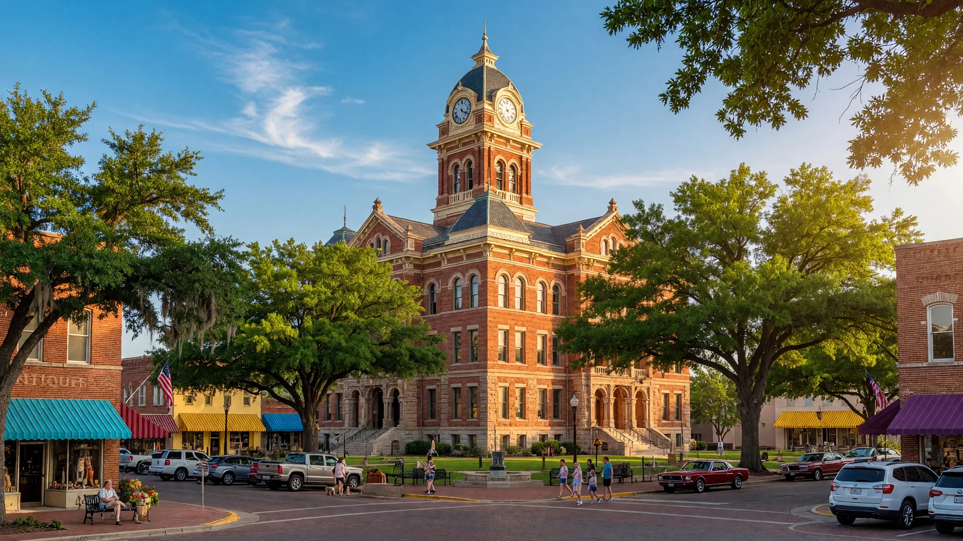 Historic downtown Sherman, Texas, with the Grayson County Courthouse at the center under a bright blue sky with storefronts and shade trees