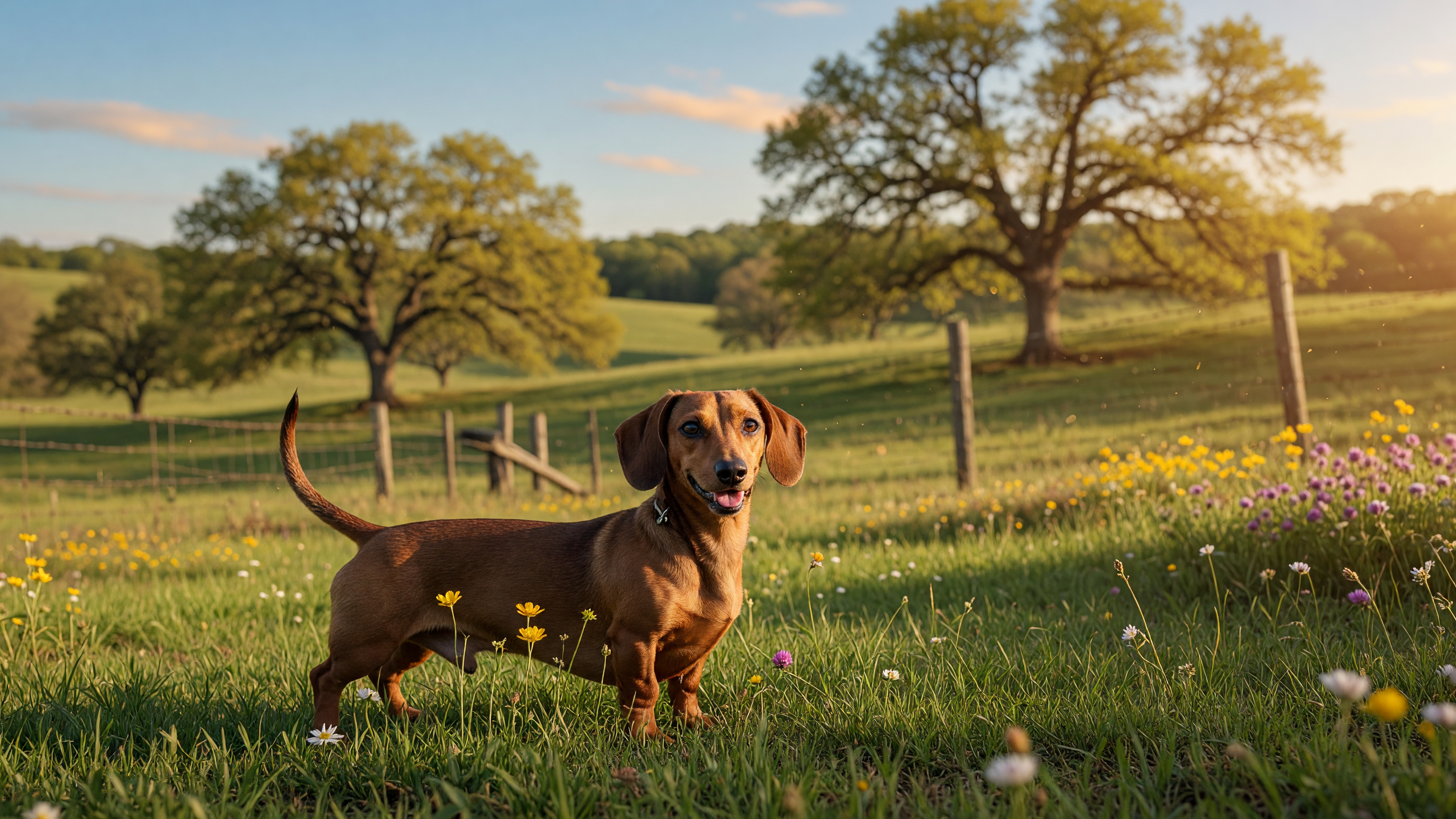 A happy dachshund standing in a lush green field with wildflowers and a beautiful Northeast Texas rural landscape in the background