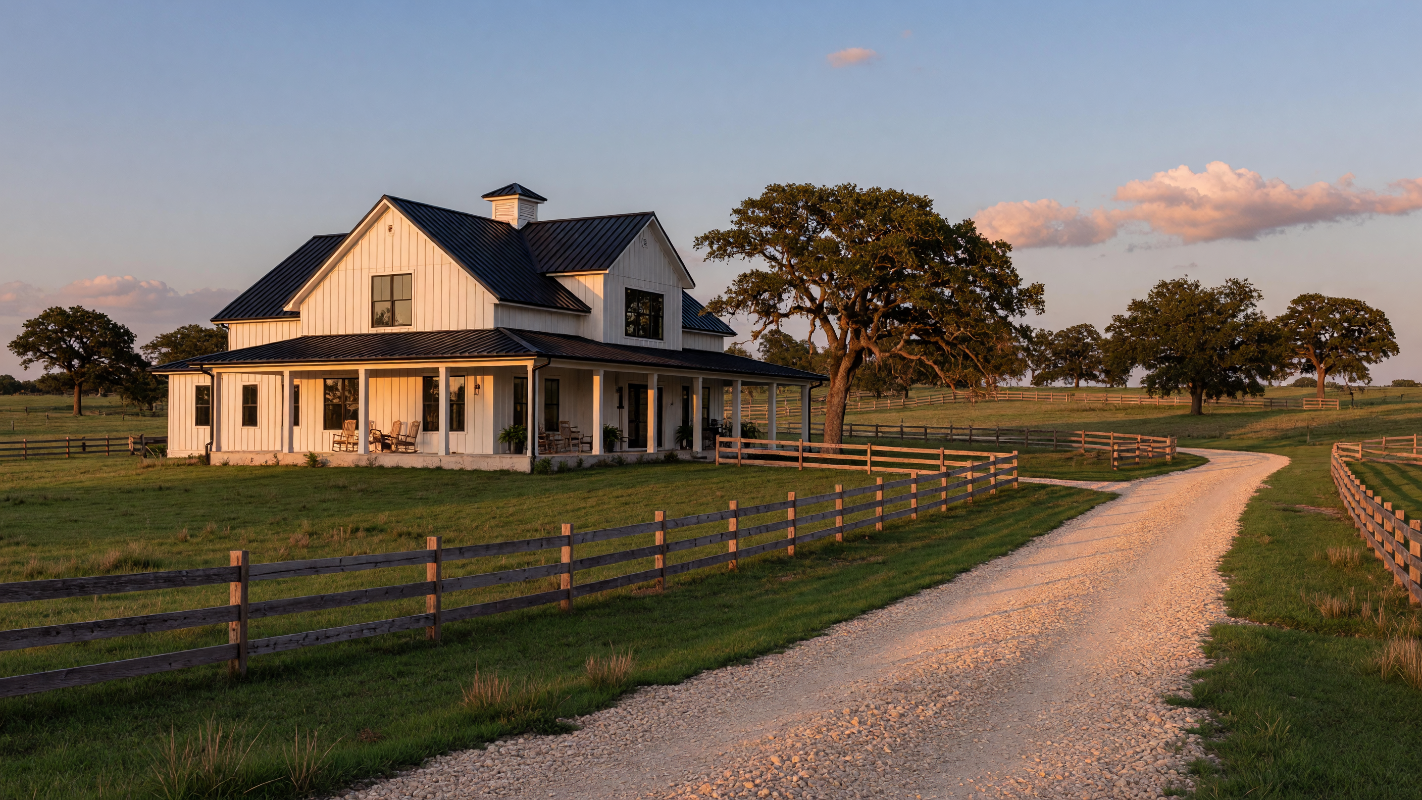 Modern farmhouse on acreage in Northeast Texas with white board-and-batten siding and covered porch
