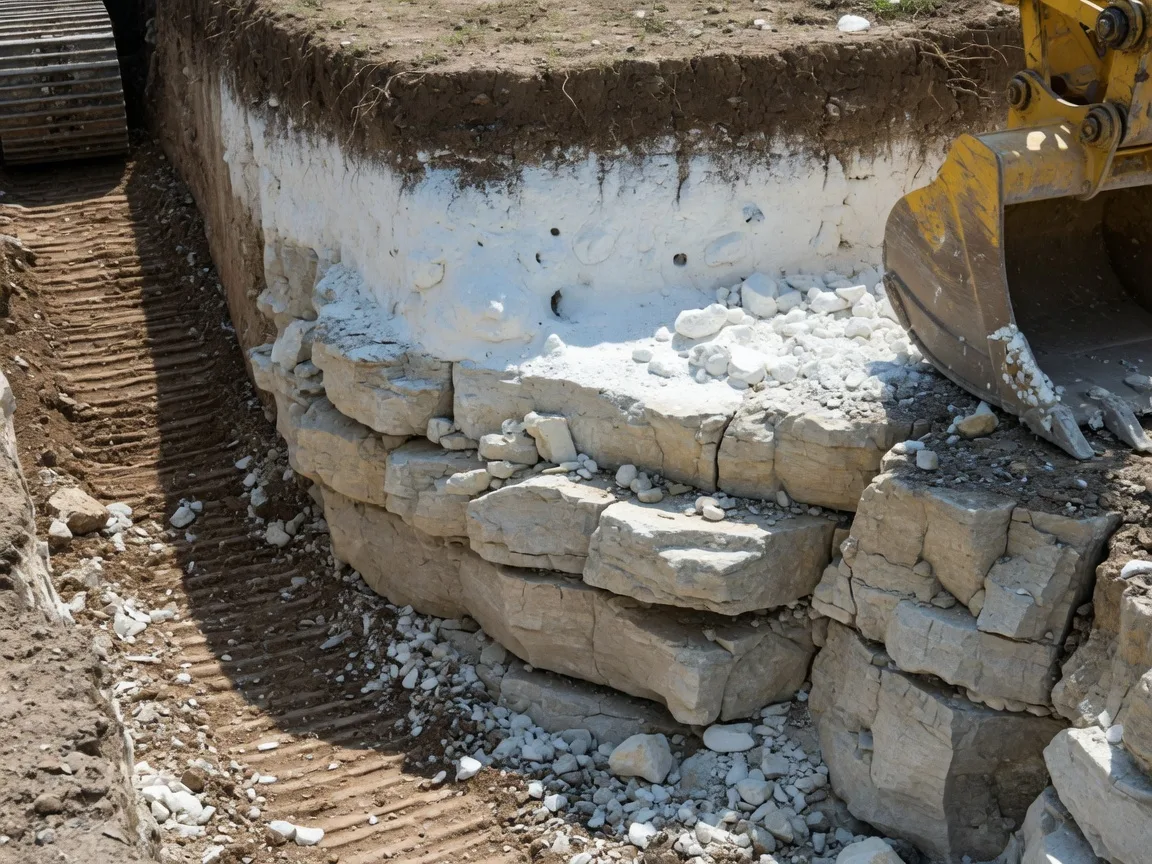 Close-up editorial photograph of a caliche and limestone excavation trench in the Texas Hill Country showing the stark white caliche layer, fractured limestone bedrock, and heavy equipment tracks beside the excavation