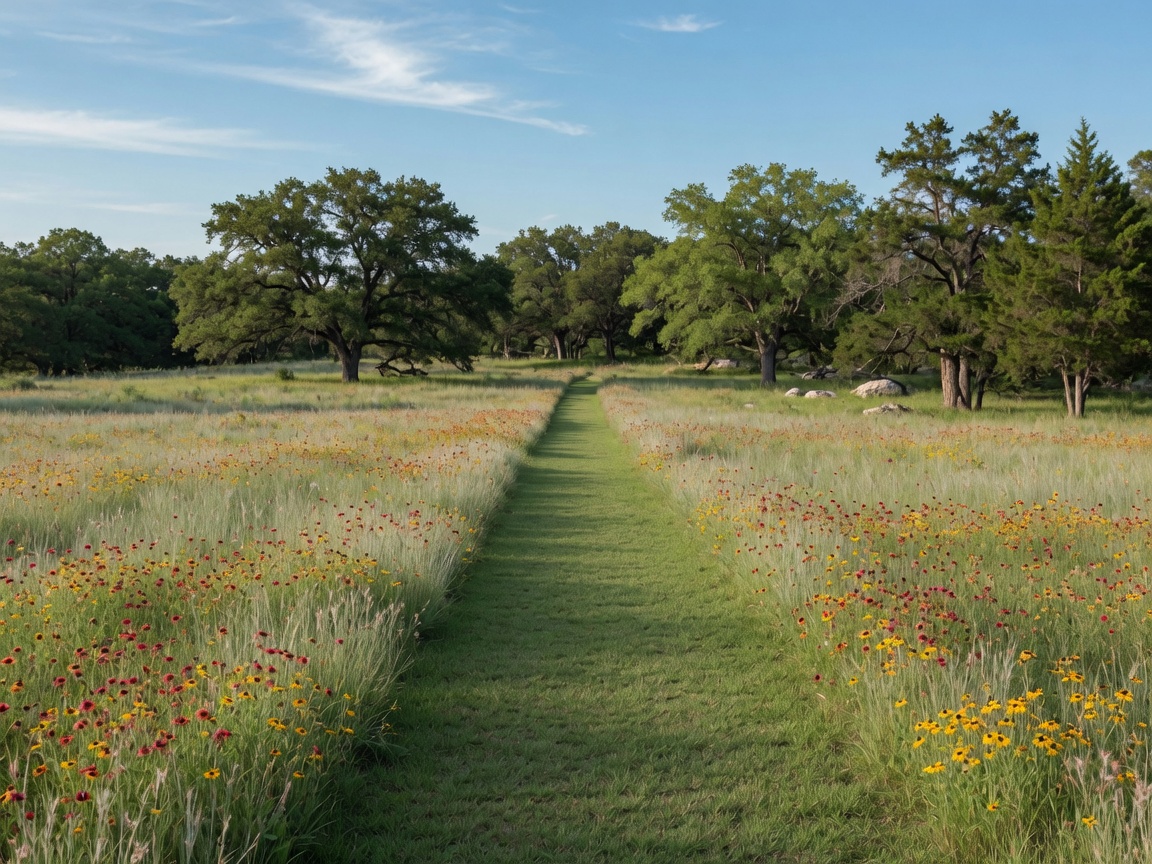 Native Texas wildflowers and prairie grasses along a trail at a Hill Country nature preserve near Boerne