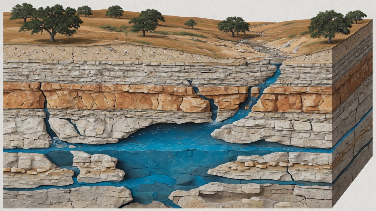 Aerial view of the Edwards Aquifer recharge zone in the Texas Hill Country, showing spring-fed waters flowing through limestone creek beds surrounded by live oaks