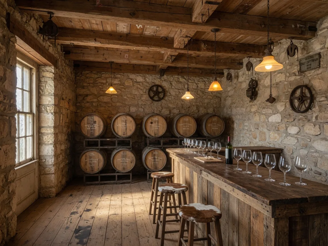 Interior of a historic cotton gin converted into a winery tasting room, with exposed wooden beams, stone walls, and wine barrels