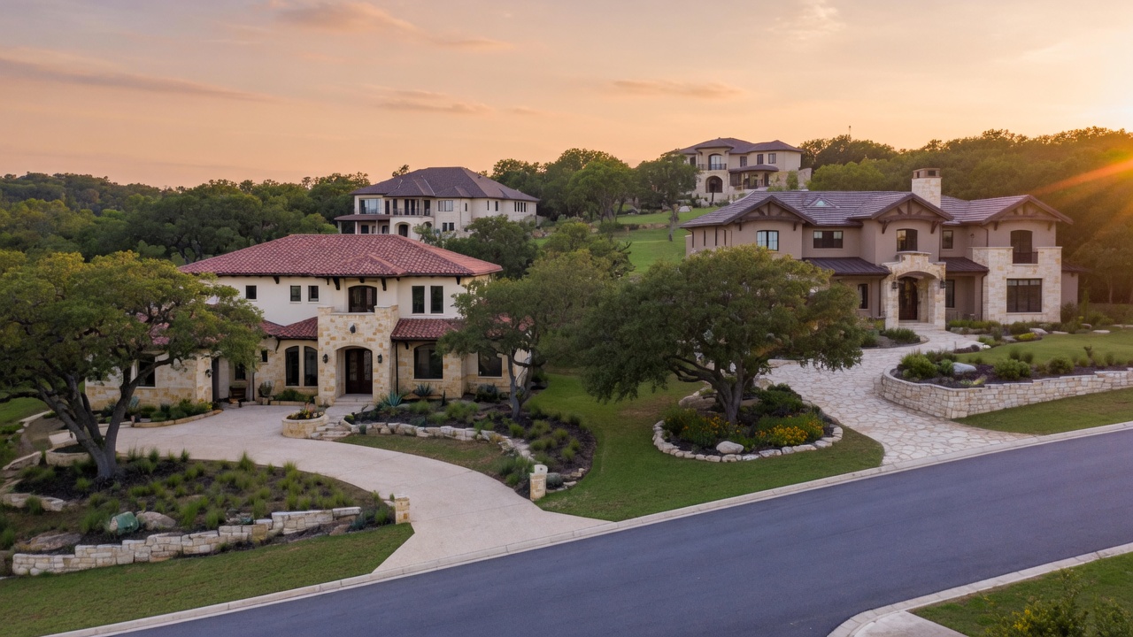 Custom estate homes in Stone Creek Ranch Fair Oaks Ranch with Hill Country architecture, live oak trees, and spacious one-acre lots