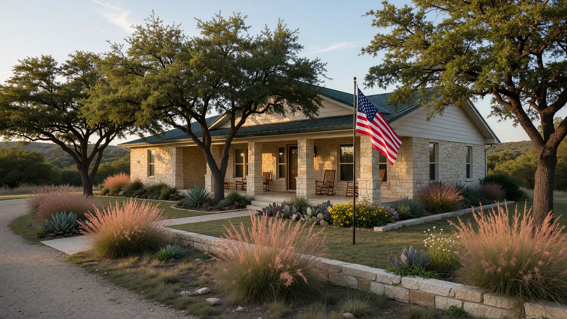 A Texas Hill Country ranch-style home with limestone exterior and American flag, representing veteran home ownership and property tax benefits