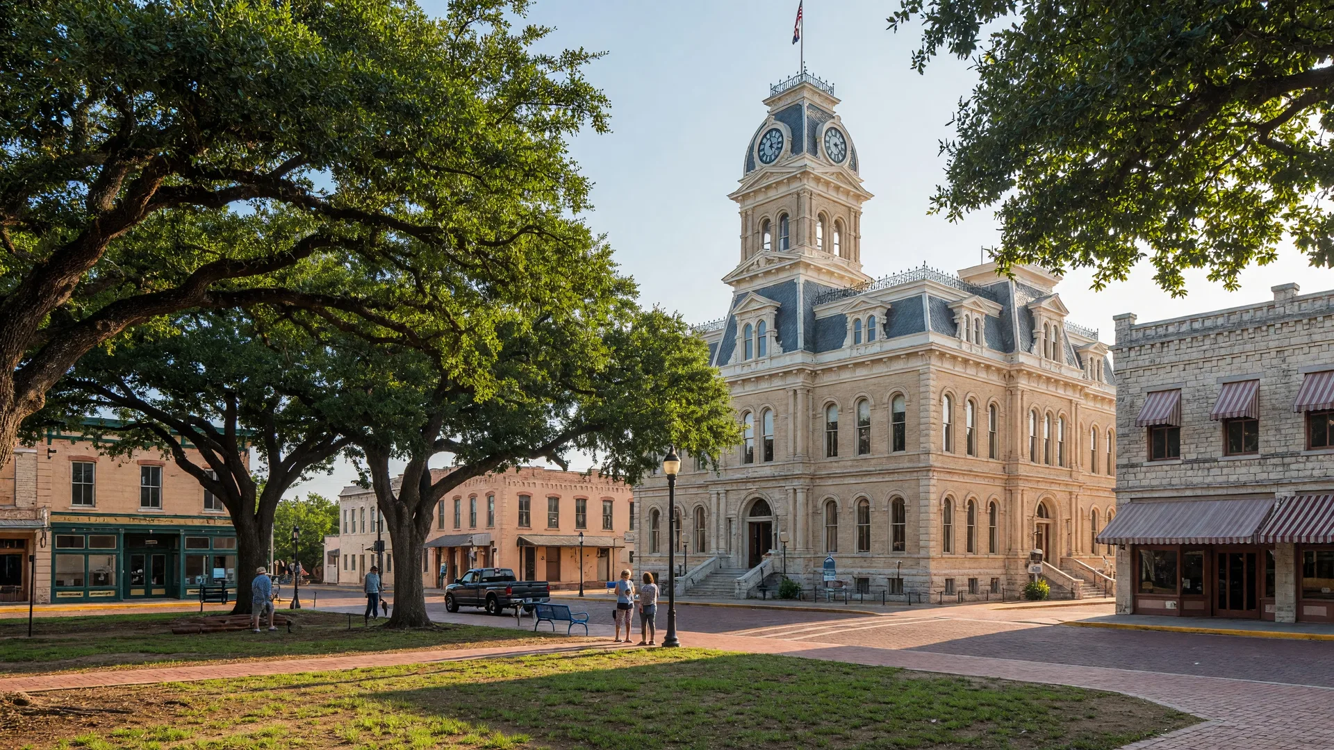 Historic town square in Blanco, Texas featuring the 1886 Second Empire style limestone courthouse with live oak trees and brick-paved streets