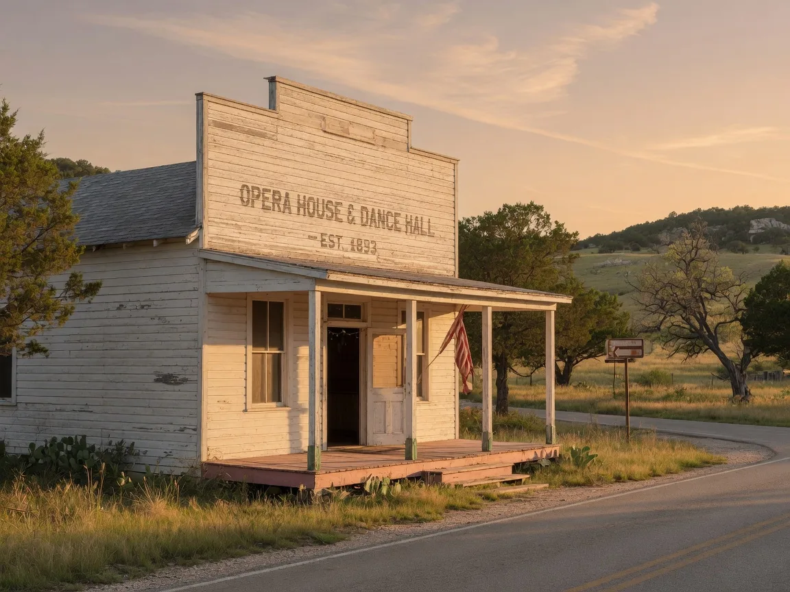 Historic 1890s dance hall and opera house in Sisterdale, Texas, a white wooden building with a covered porch on a quiet rural roadside