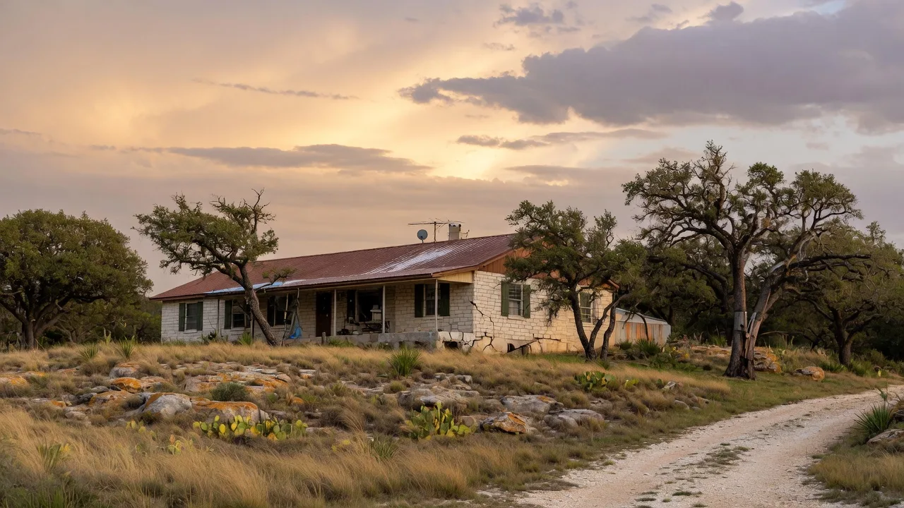 A Hill Country ranch home on a limestone hillside with live oaks and native grasses, illustrating the type of property exposed to Texas-specific insurance risks