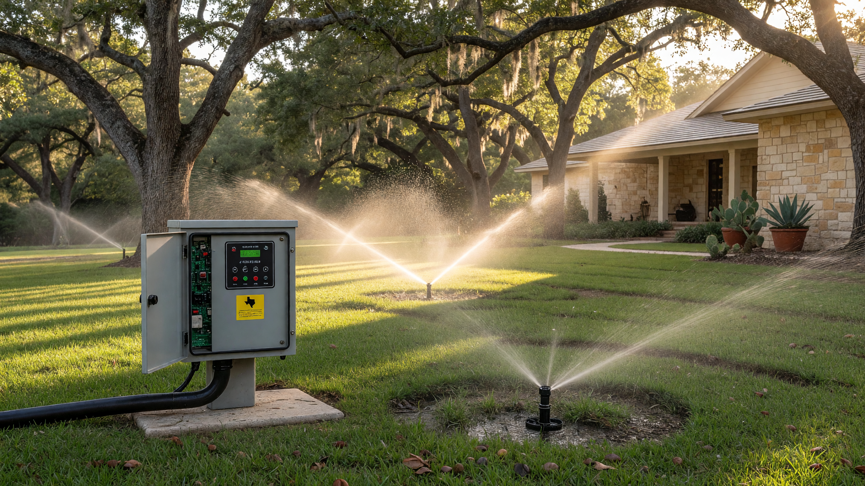 Aerobic septic system on a manicured Texas Hill Country lawn with live oak trees