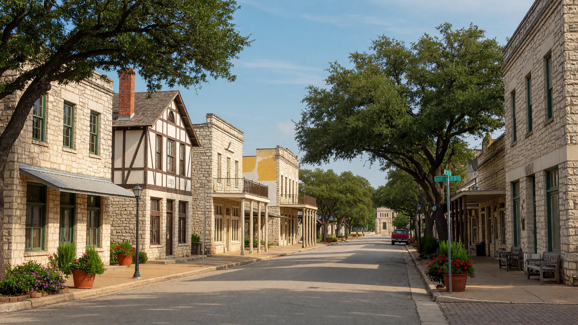 Historic main street in Comfort, Texas with 19th-century limestone buildings under live oak trees