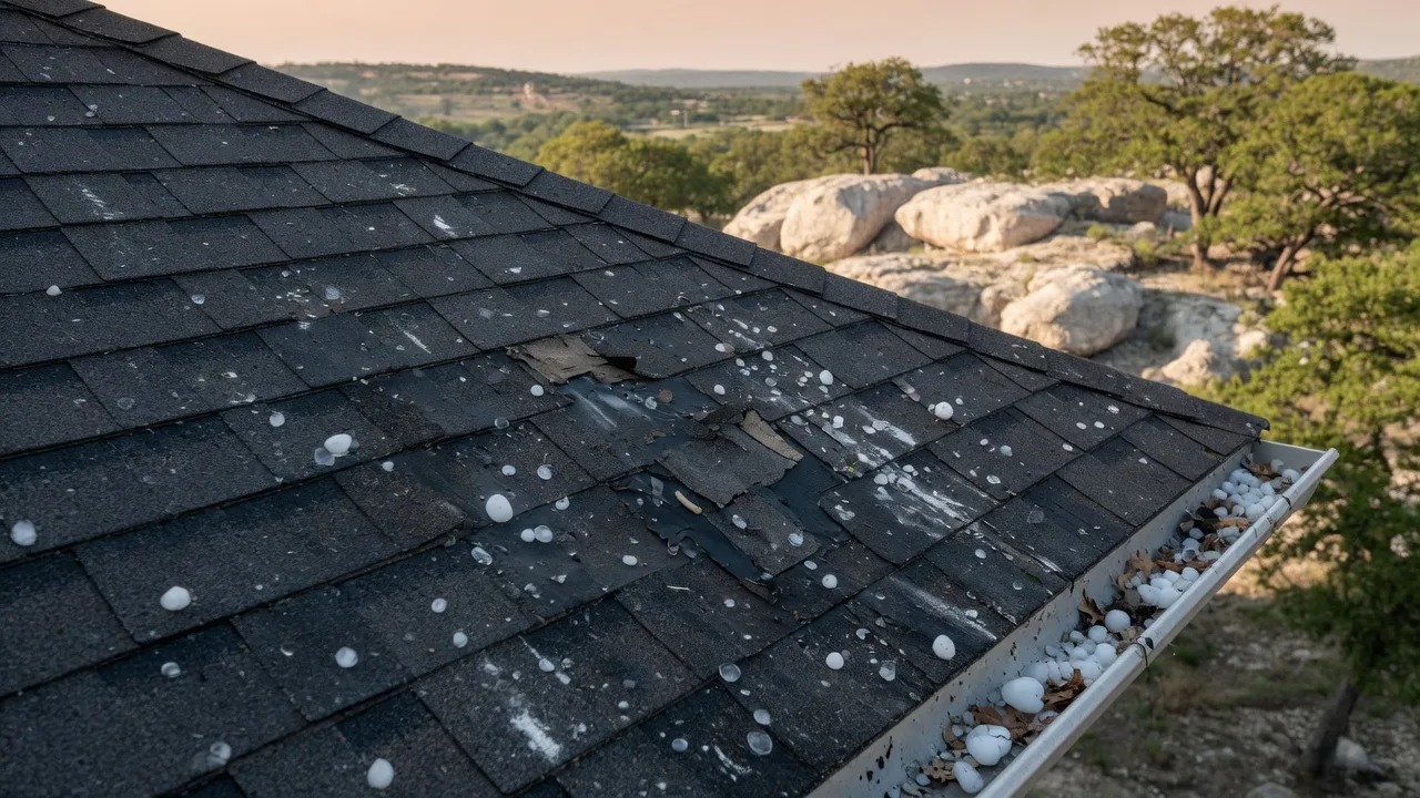 A dramatic storm system approaching over the Texas Hill Country landscape with rolling limestone hills, live oaks, and scattered homes under a moody sky