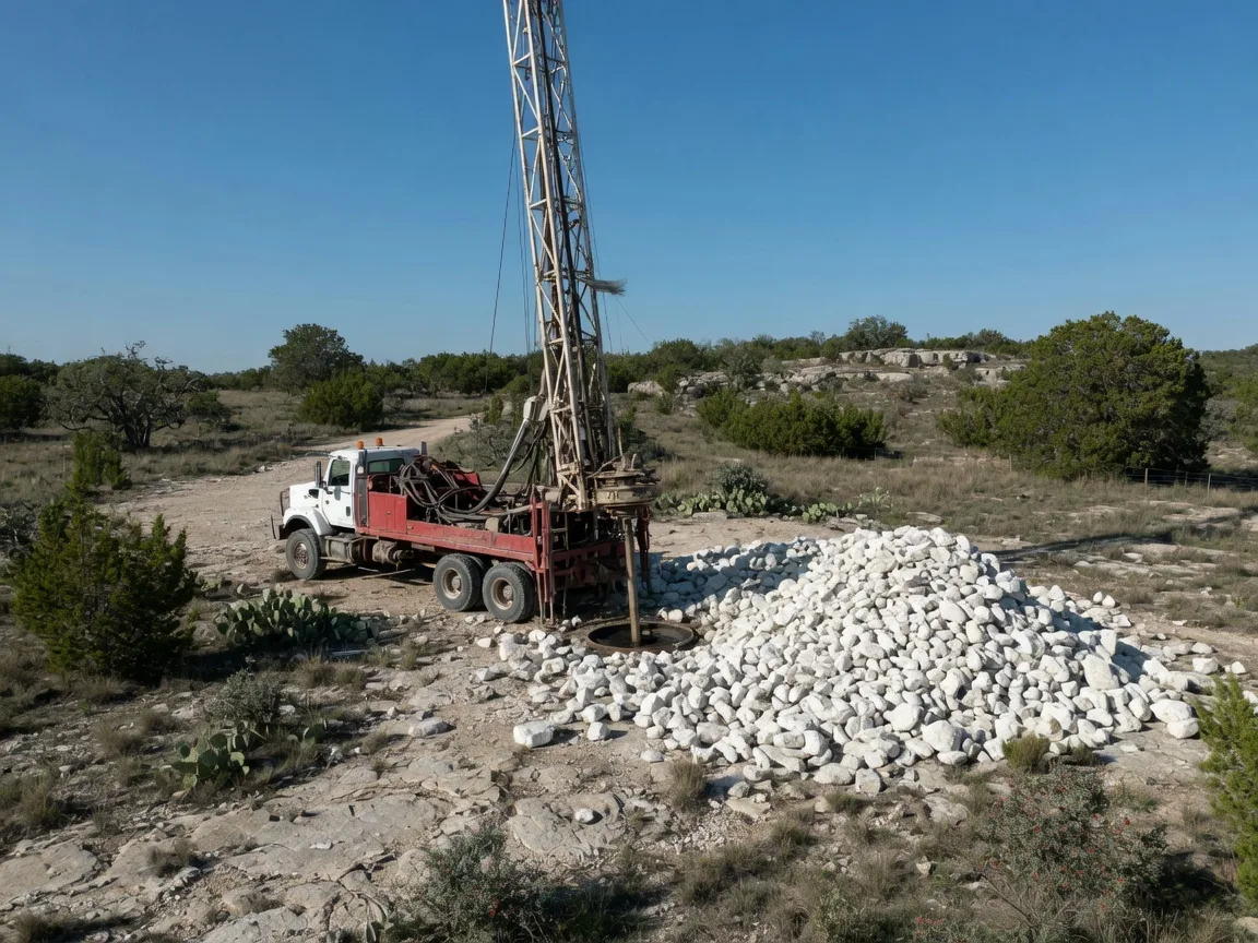 A well drilling rig operating on a rural Hill Country property with a pile of white limestone rock cuttings beside the borehole, showing the drilling operation and rocky terrain