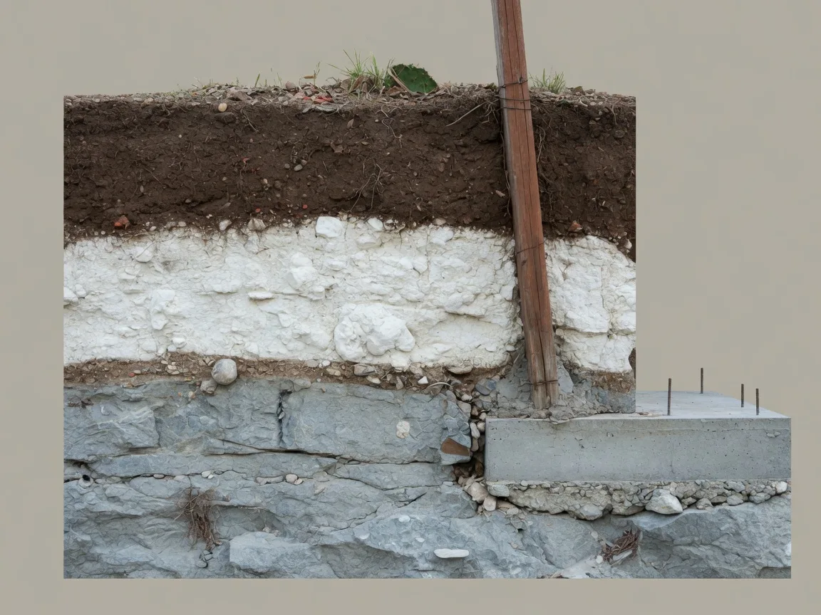 Cross-section illustration of Texas Hill Country soil layers showing topsoil, caliche, and limestone bedrock beneath a fence post and foundation footer