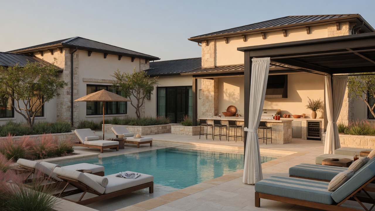 Modern Hill Country style homes in Esperanza community with native landscaping, limestone accents, and Hill Country terrain