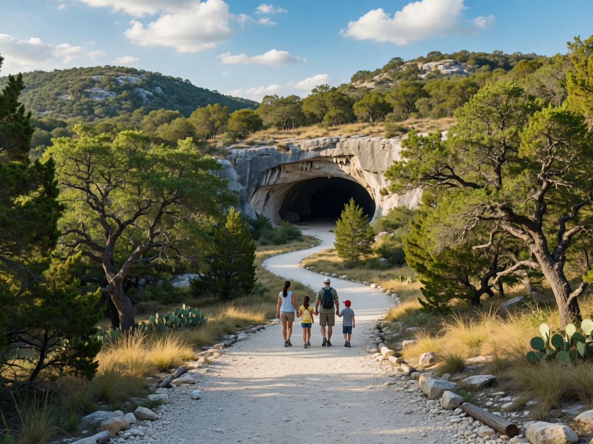 A limestone trail winding through live oaks and native vegetation in the Texas Hill Country near a cave entrance