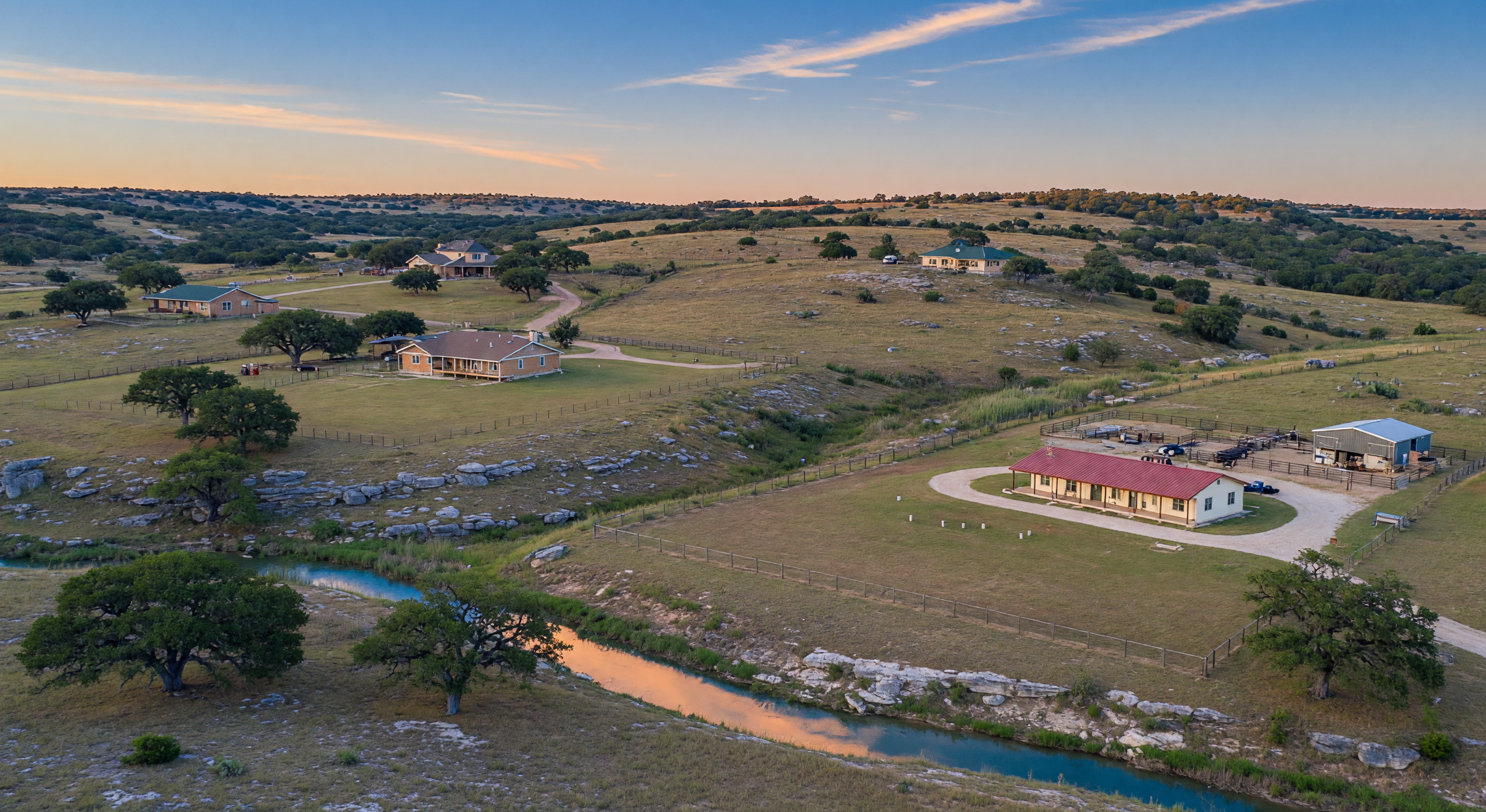 Comfort Texas quiet rural Hill Country road with historic stone buildings and live oaks