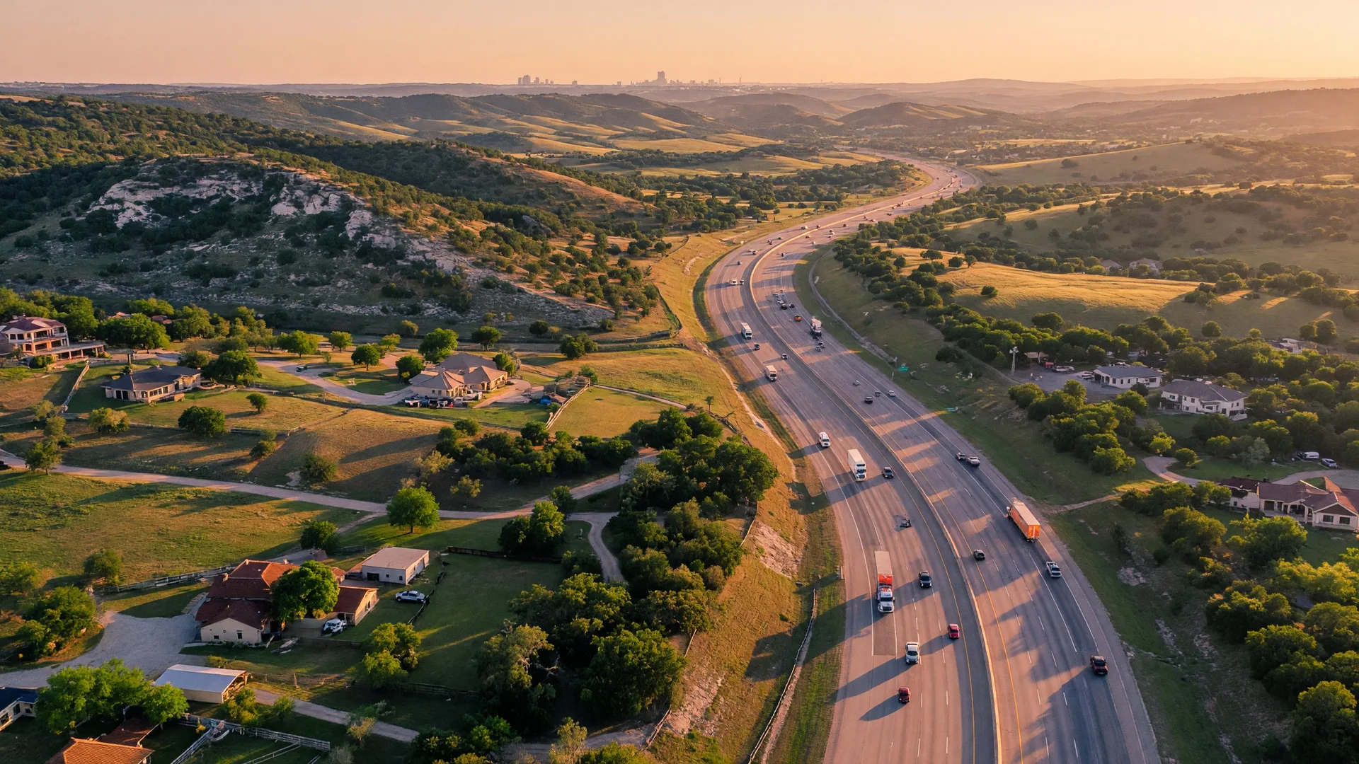 Interstate 10 highway winding through Texas Hill Country terrain with limestone hills and live oaks, showing moderate traffic flow toward the San Antonio skyline on the horizon