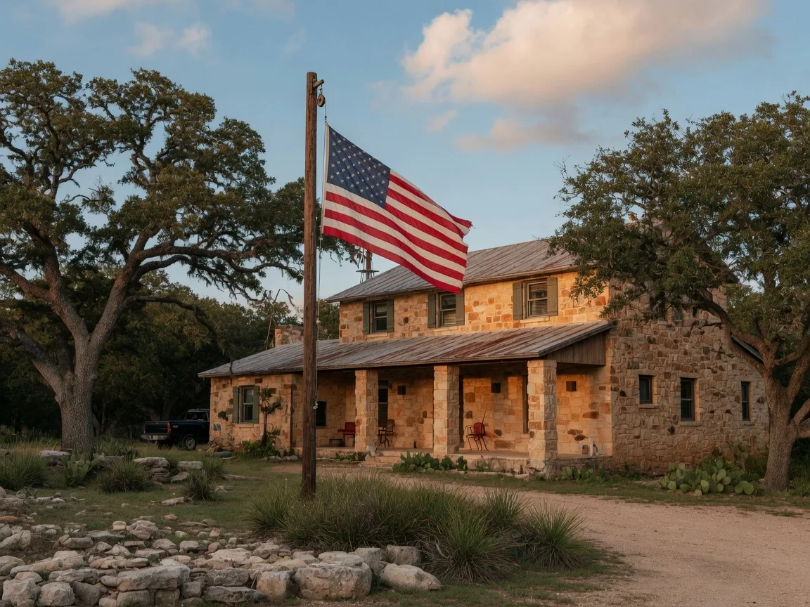 A Texas Hill Country limestone home with a large American flag displayed prominently on a wooden post, set against a clear blue sky with native live oaks