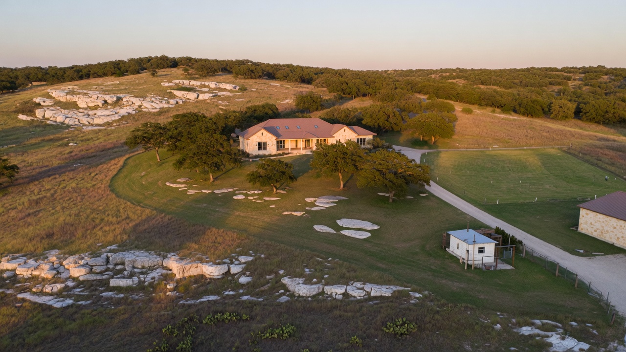 Hill Country residential property with limestone home on acreage surrounded by live oaks