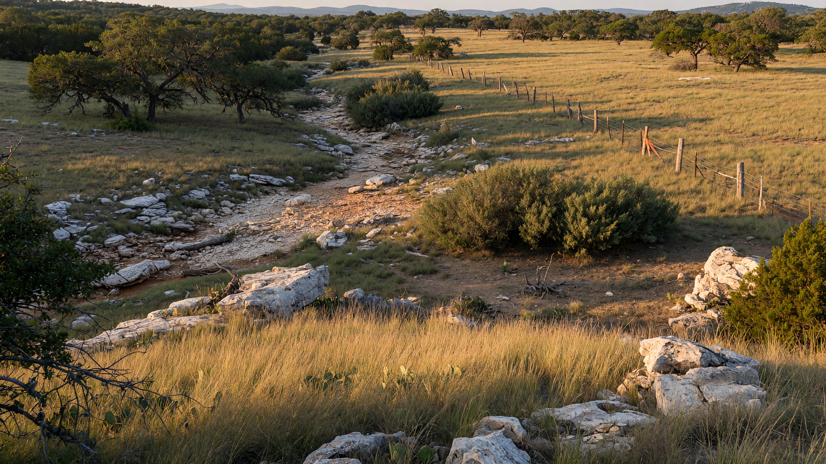 Sprawling Texas Hill Country acreage with grassland, live oaks, and a dry creek bed