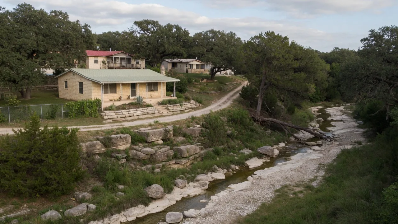 A Hill Country home situated near a tree-lined creek, showing the proximity of residential properties to waterways that define FEMA flood zone boundaries