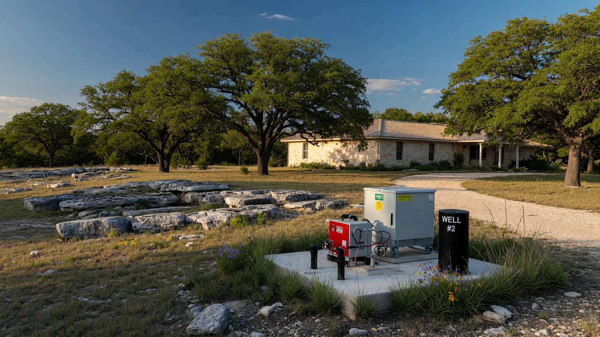 A Texas Hill Country residential property with a modern wellhead and pump housing in the foreground against a landscape of live oaks and limestone outcroppings