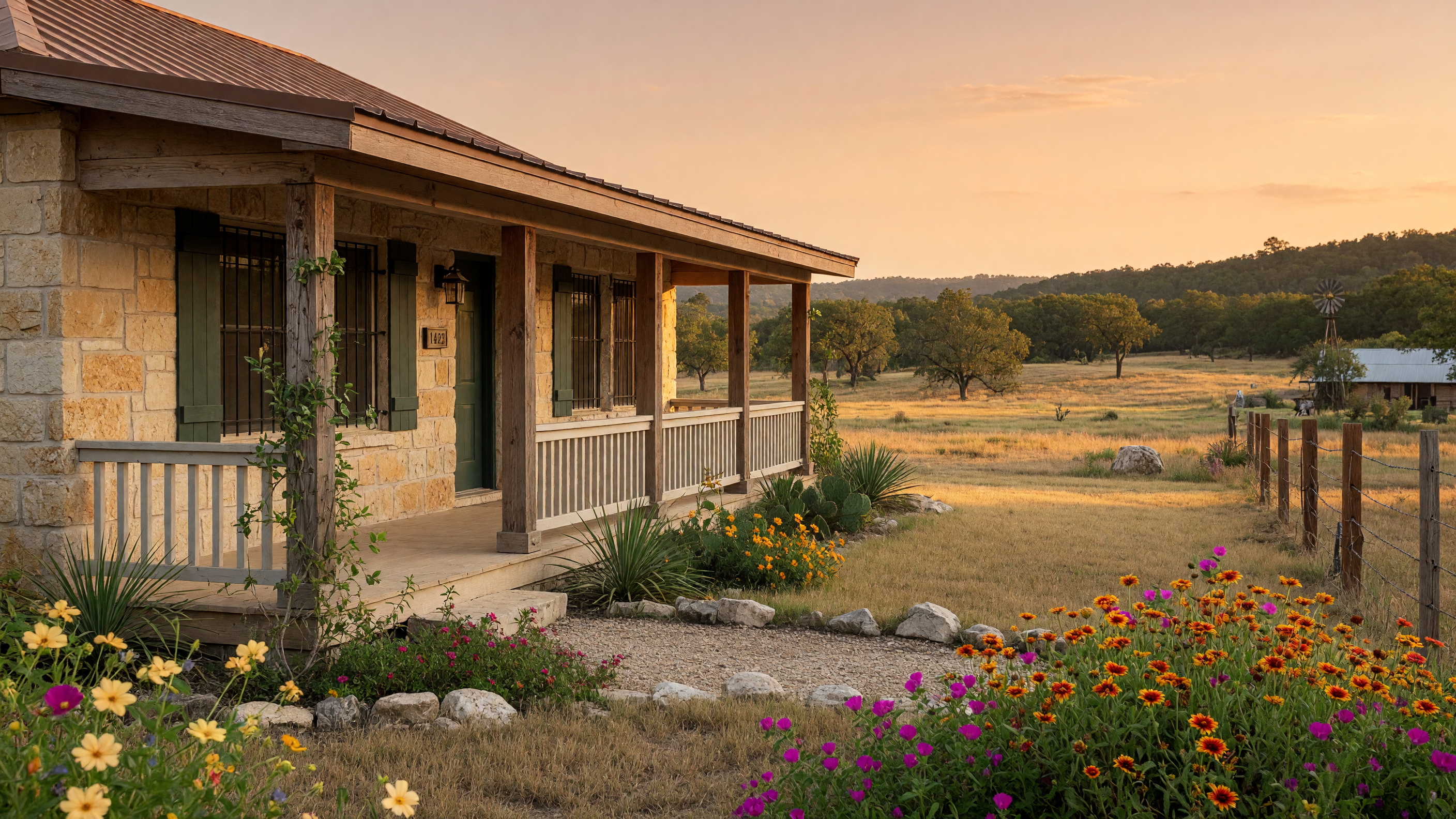 Split comparison of a California suburban neighborhood and a spacious Texas Hill Country property with limestone home and live oaks