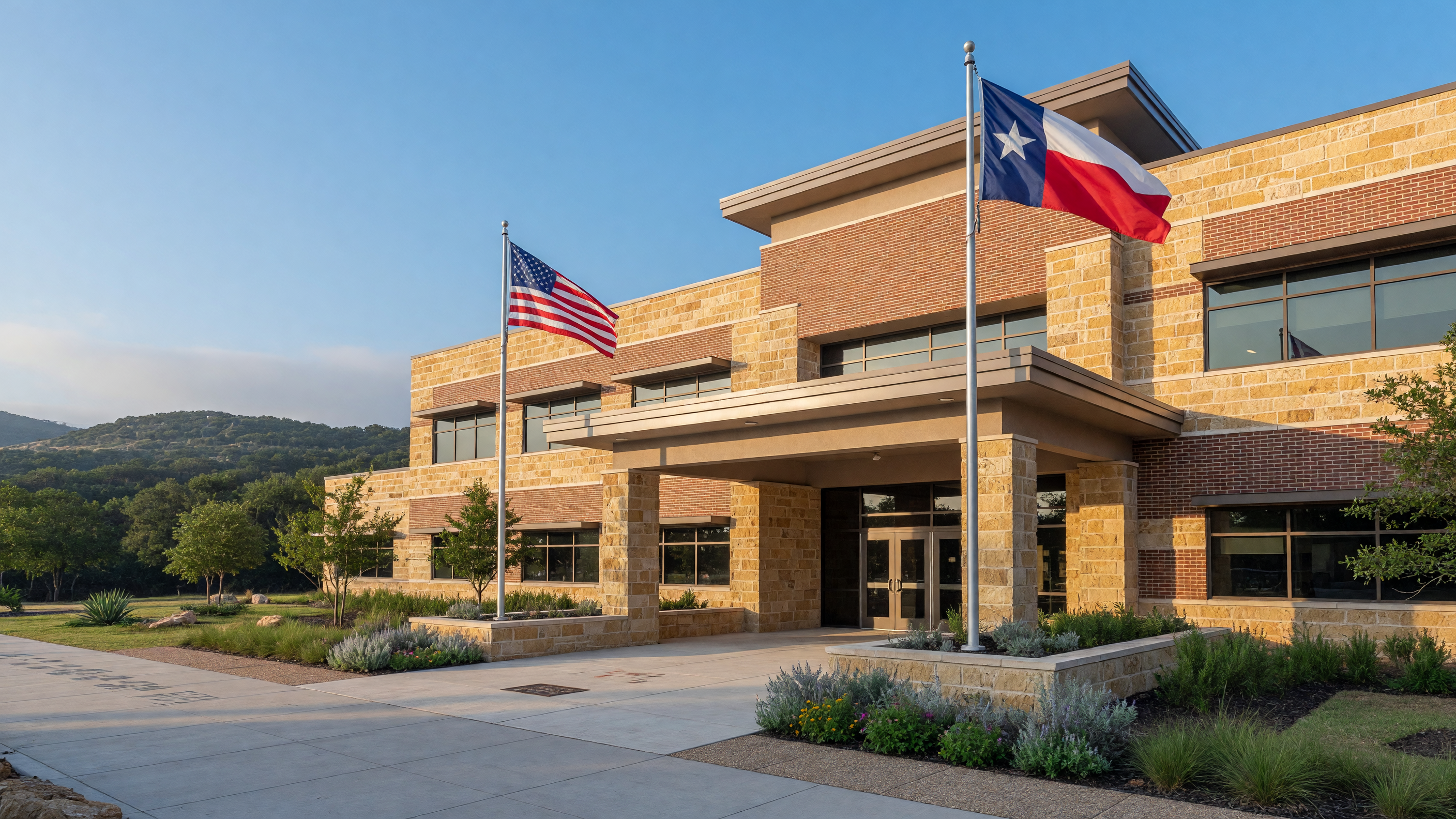 Modern Texas elementary school in the Hill Country with limestone and brick architecture