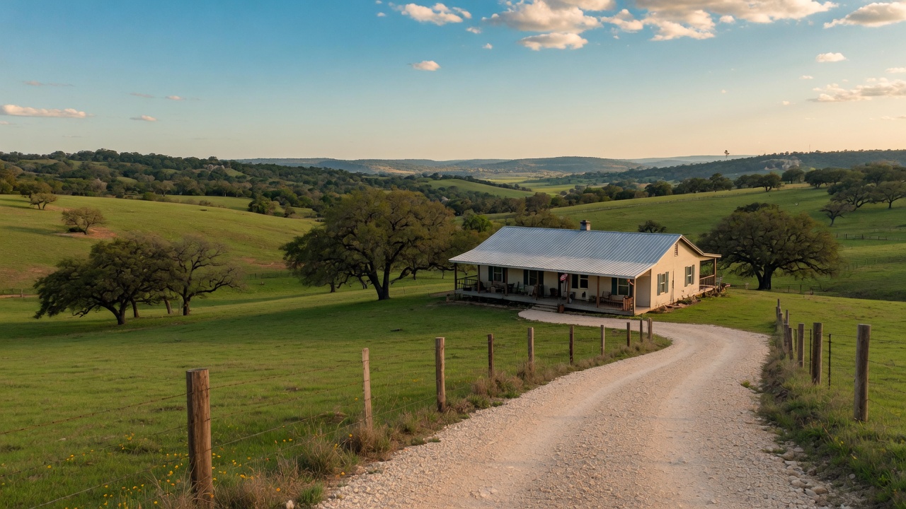 A ranch-style home on open Hill Country land with rolling hills and live oak trees, illustrating the type of rural property that may qualify for USDA Rural Development zero-down financing near San Antonio