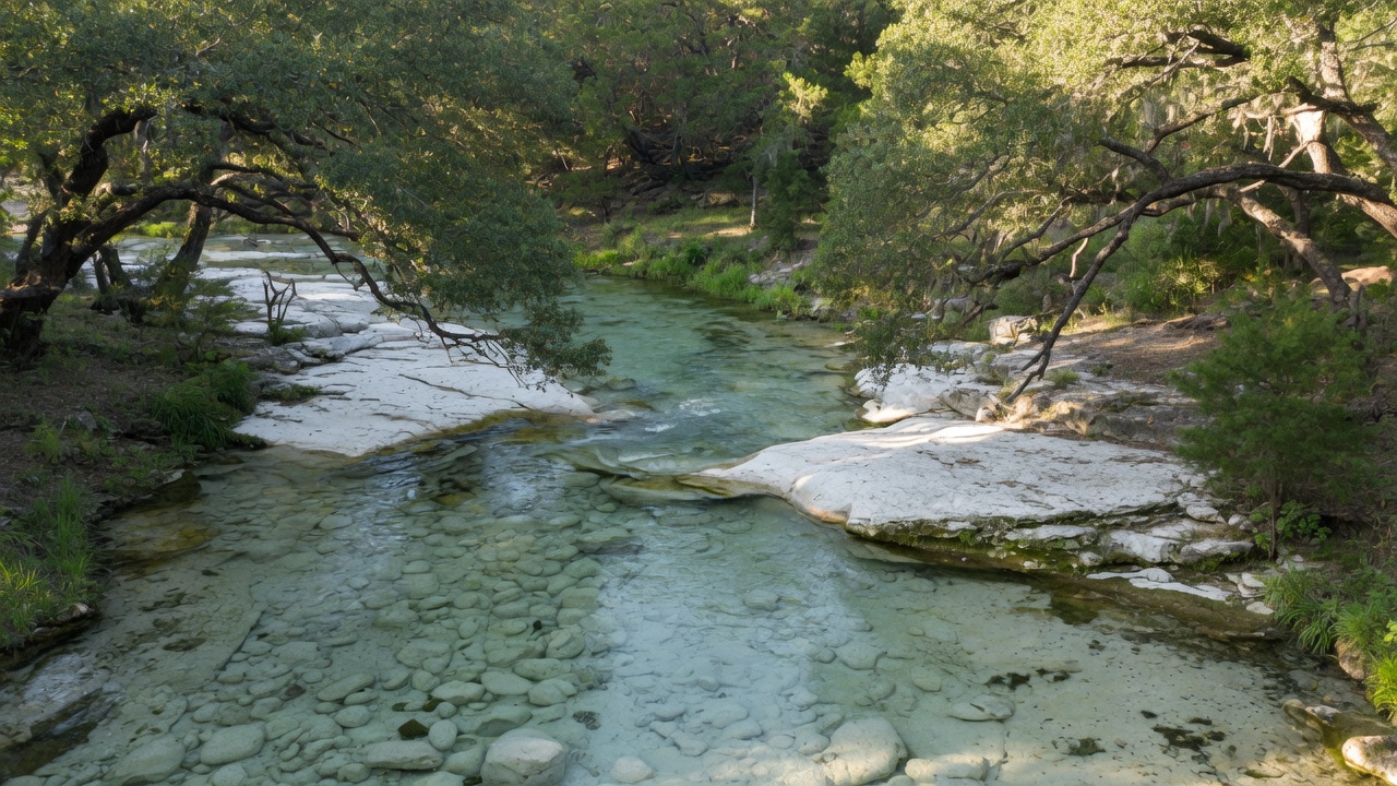 Spring-fed Hill Country creek flowing over limestone bedrock surrounded by live oaks