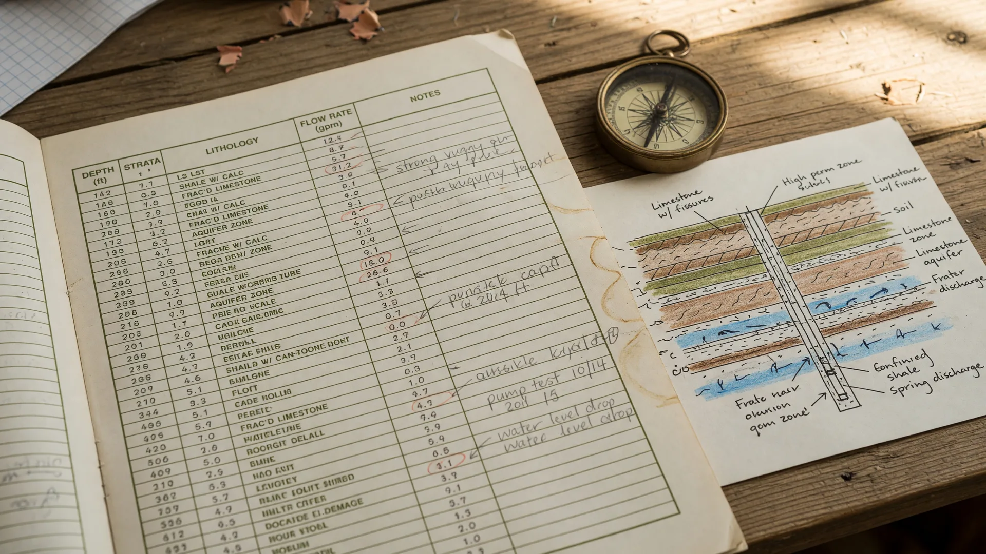 A well log report document laid on a wooden desk alongside geological notes and depth measurement data, representing the technical due diligence required for Hill Country property purchases