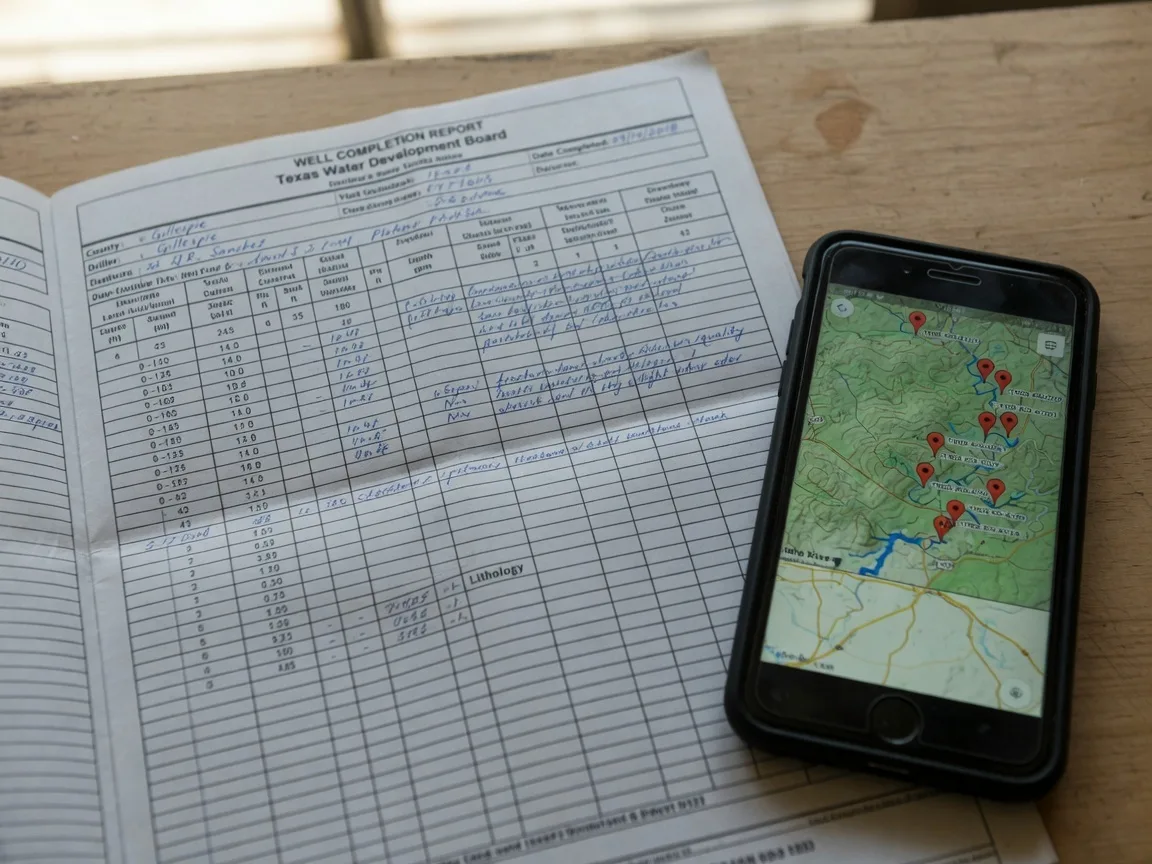 A Texas Water Development Board well completion report document spread open on a wooden table showing technical data about well depth, casing, and aquifer information