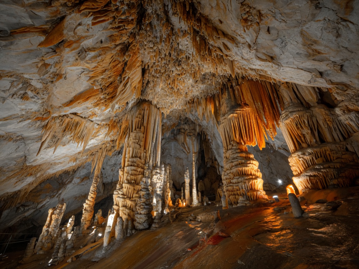 Limestone cave formations including stalactites and stalagmites illuminated by warm lighting inside Cascade Caverns near Boerne Texas