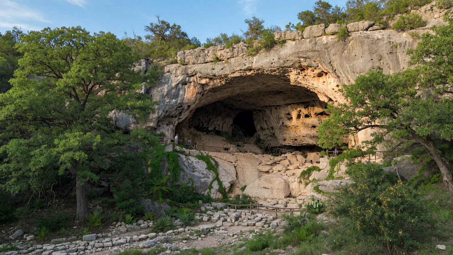 Rolling green Texas Hill Country landscape with live oaks and limestone outcrops along the scenic drive to Natural Bridge Caverns