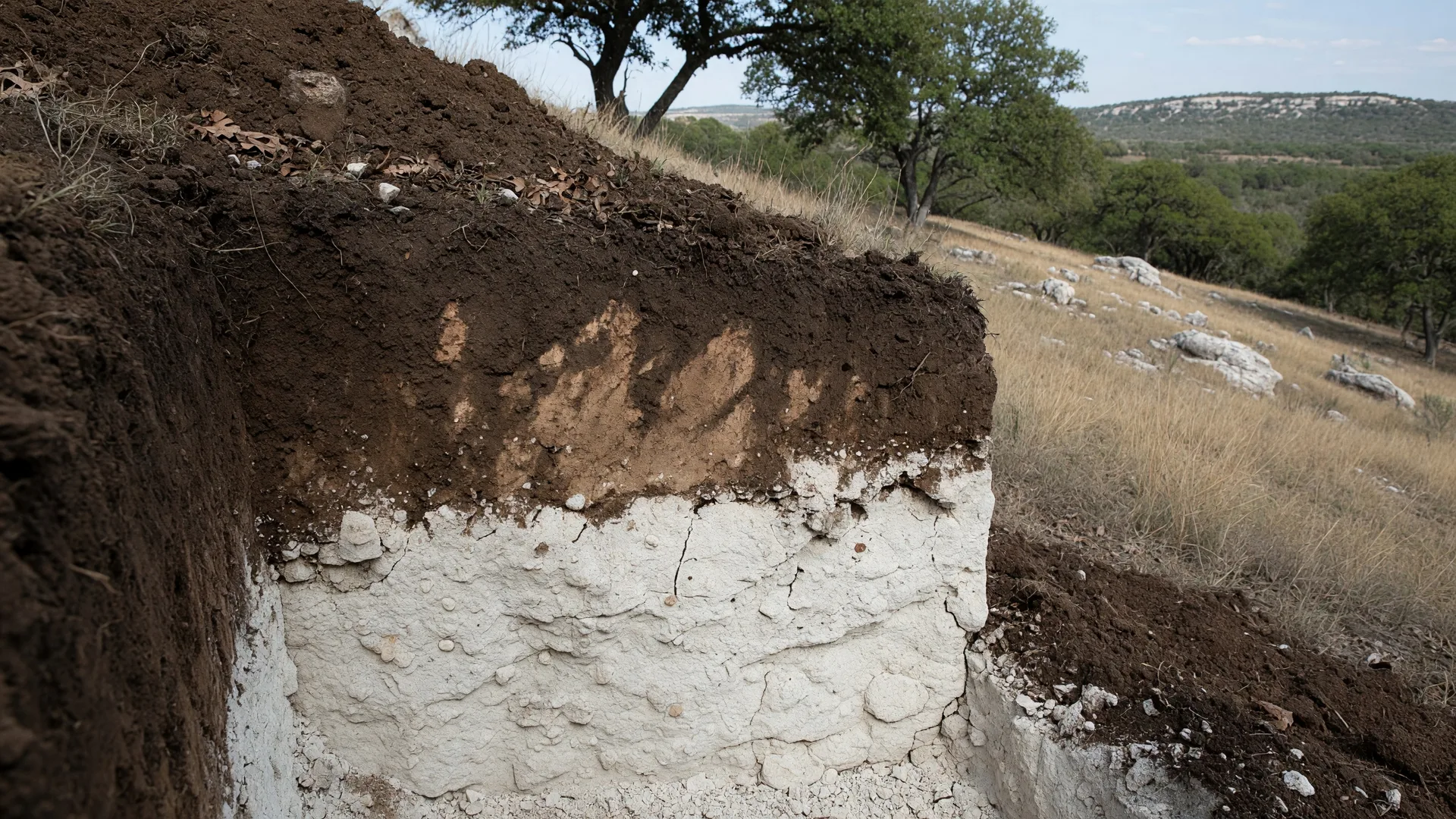Caliche soil cross-section in the Texas Hill Country showing the hard white calcium carbonate layer beneath darker topsoil, with a garden visible nearby
