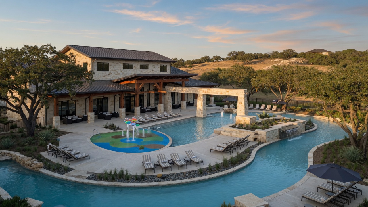 Resort-style community amenity center at Esperanza with swimming pool, covered pavilion, and Hill Country architecture