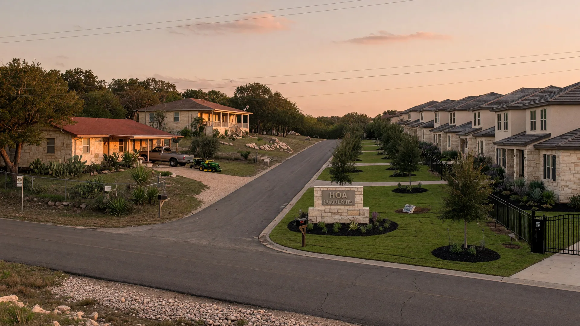 A quiet residential street in the Texas Hill Country at golden hour showing a mix of homes on larger lots and a newer master-planned community with manicured lawns