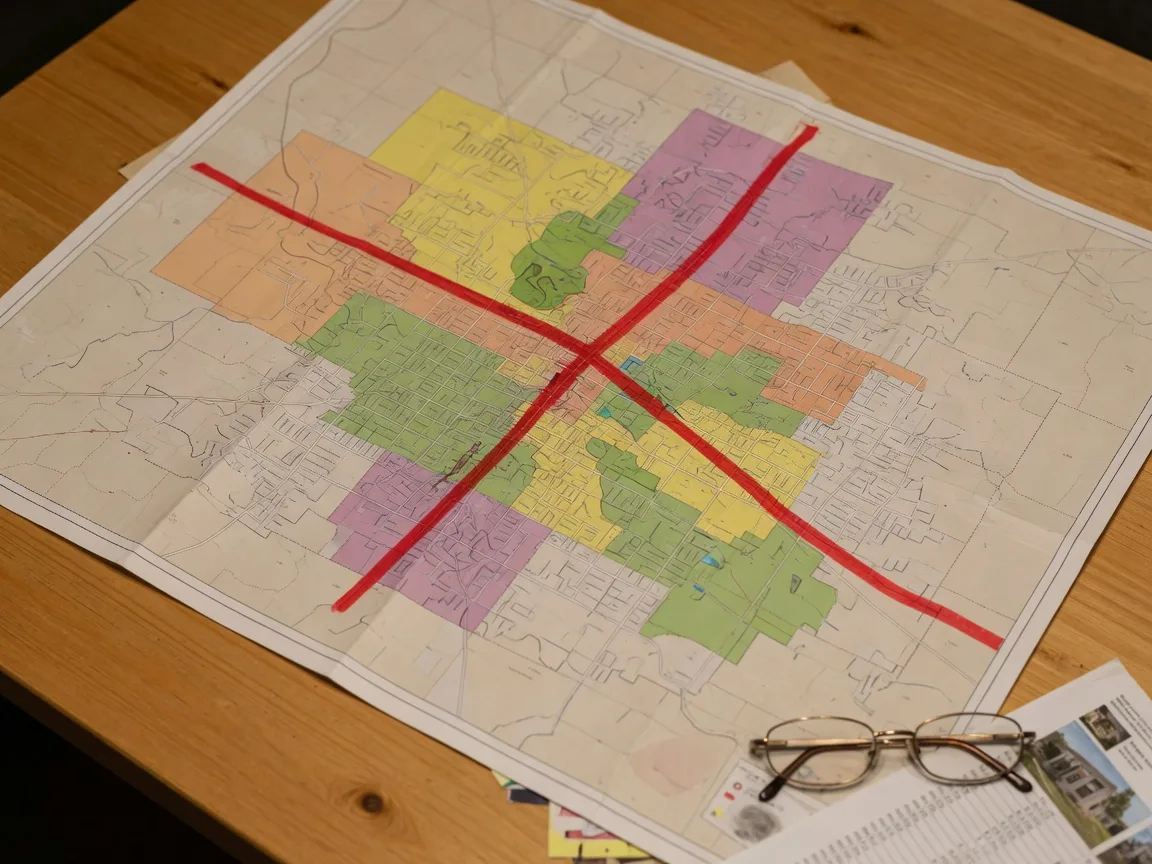 Overhead view of a Texas school district boundary map showing how district lines cross through residential neighborhoods and ZIP code areas