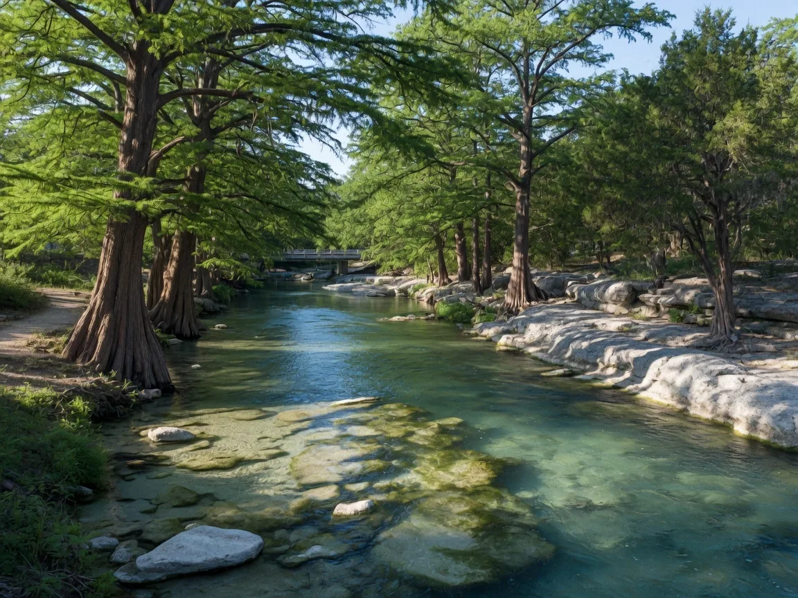 The Guadalupe River in Kerrville, Texas with clear spring-fed water flowing over limestone bedrock and cypress trees lining the banks