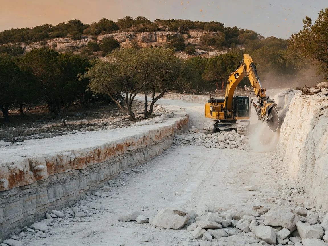 Construction of a rural driveway through caliche and limestone terrain in the Texas Hill Country with heavy equipment cutting through rock layers, showing cedar and live oak trees in the background