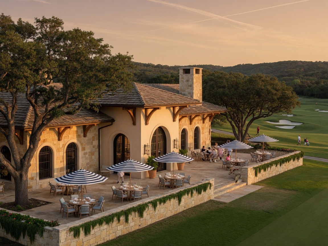 The Dominion Country Club clubhouse with stone and stucco architecture overlooking the golf course