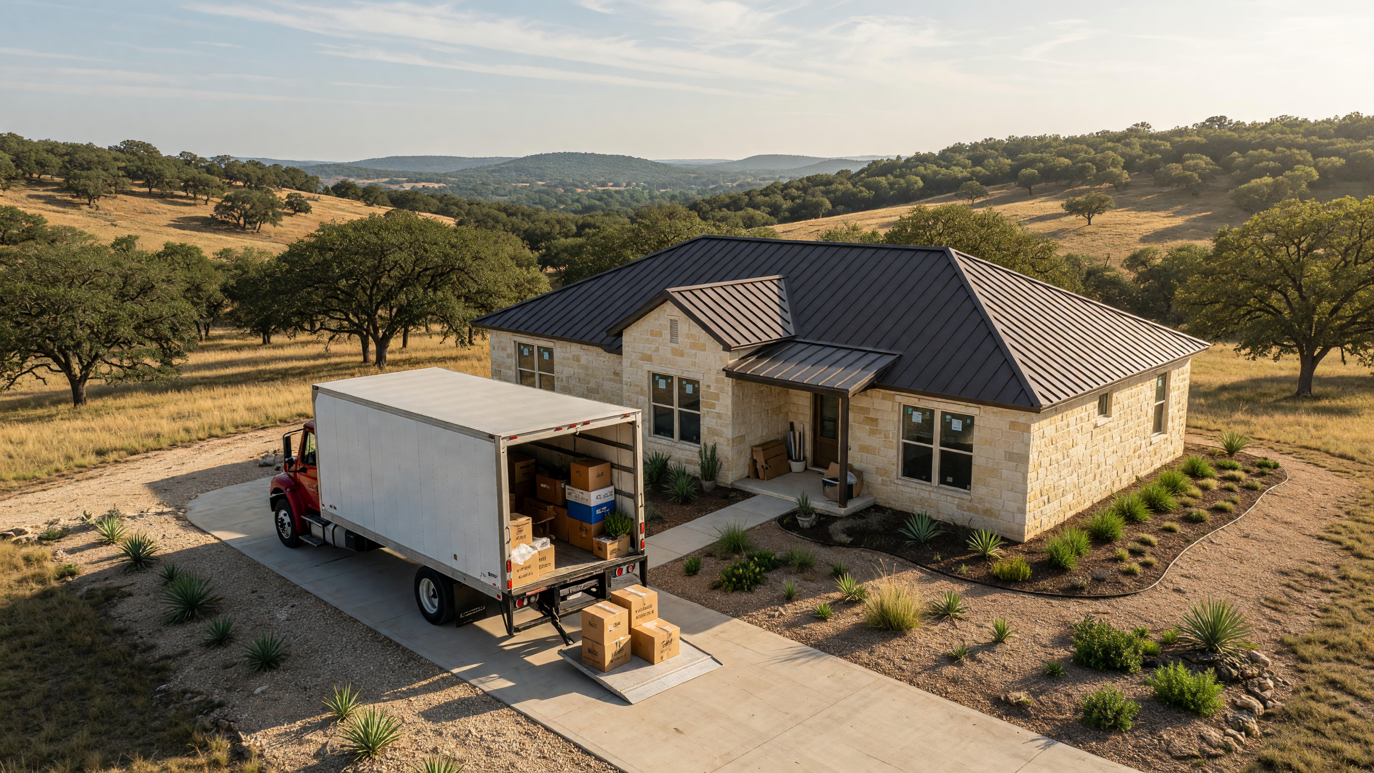 Moving truck at a newly built Texas Hill Country home with limestone exterior