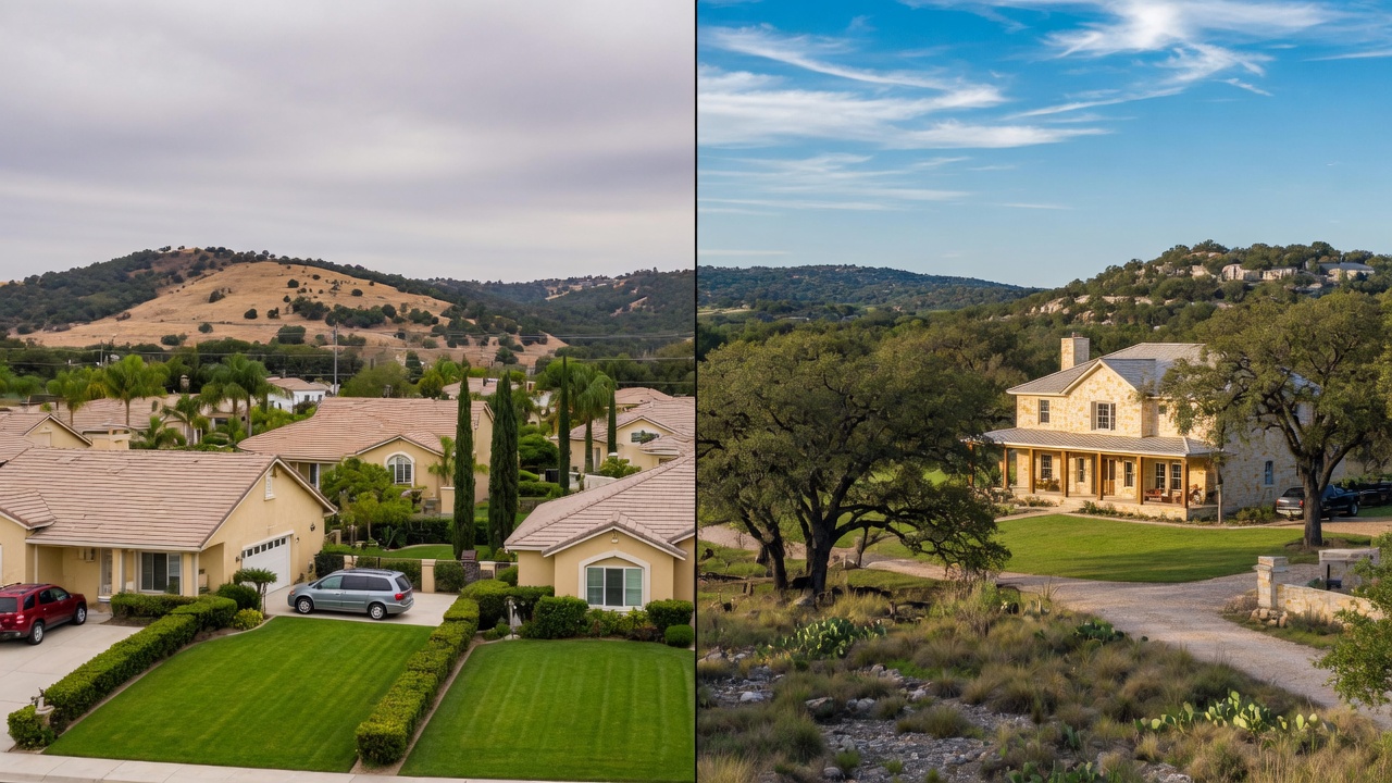 Texas Hill Country property with native landscaping and limestone exterior on a sunny afternoon
